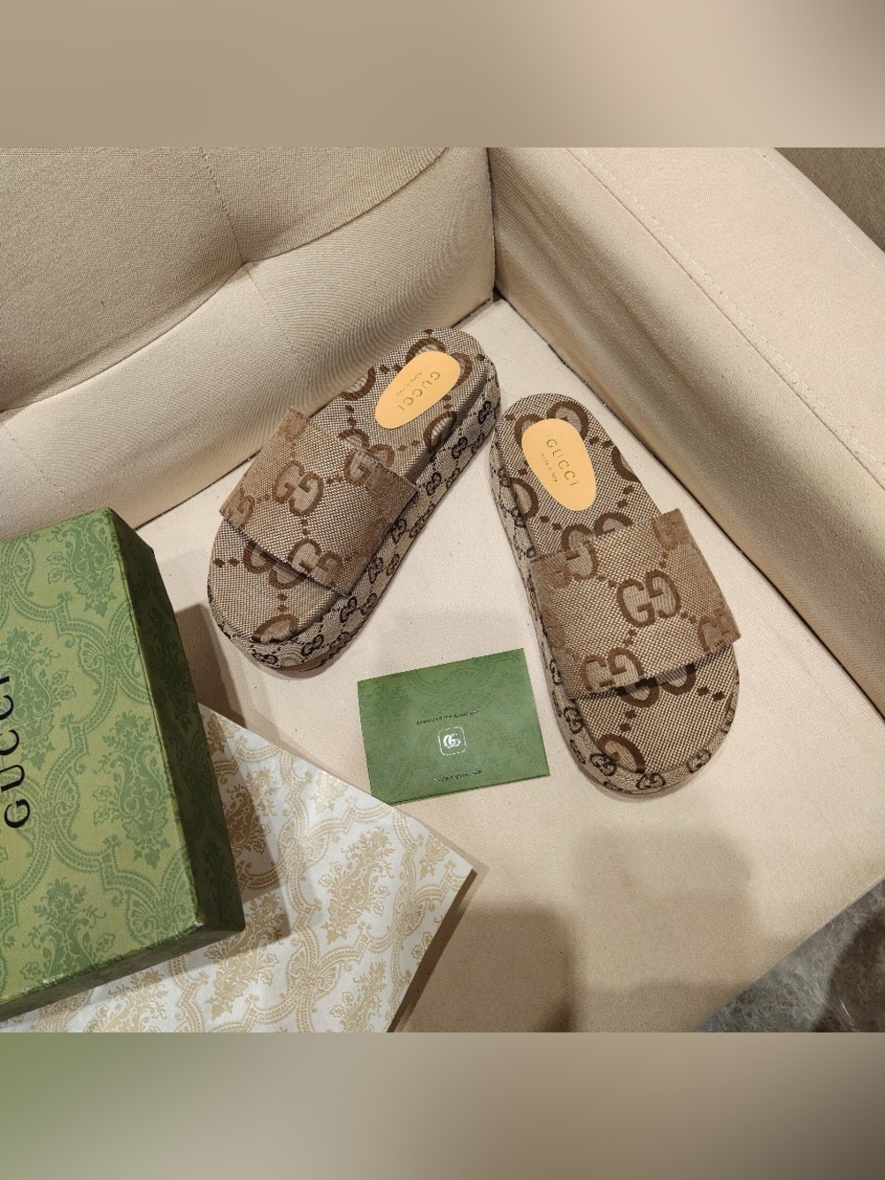 Gucci GG Supreme Canvas Platform Slide Sandals Monogram Adjustable Strap Slides